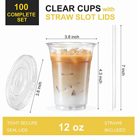 VITEVER 100 Sets - 12oz Clear Plastic Cups with Lids and Straws, Disposable Cups for Iced Coffee, Smoothie, Milkshake, Cold Drinks