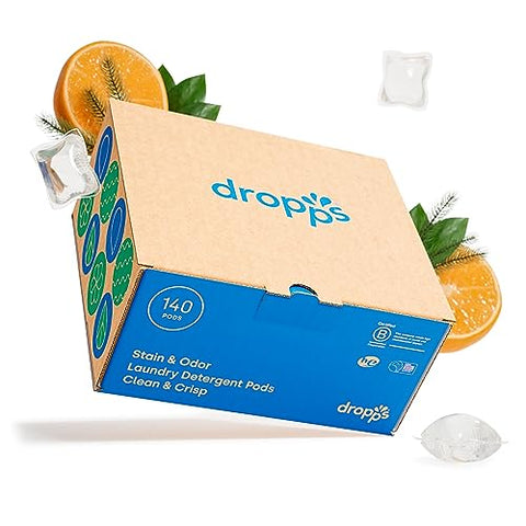 Dropps Stain & Odor Laundry Detergent | Clean & Crisp, 140 Pods | Low-Waste Packaging | Works In All Machines - High Efficiency (HE) Compatible | Powered by Natural Plant-Based Ingredients