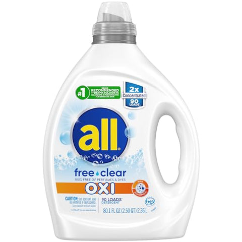 All Liquid Laundry Detergent, Free Clear for Sensitive Skin with OXI, Unscented and HypoAllergenic, 2X Concentrated, 90 Loads