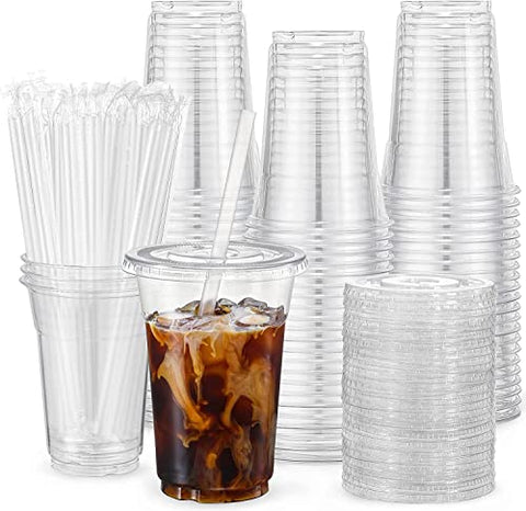 VITEVER 100 Sets - 12oz Clear Plastic Cups with Lids and Straws, Disposable Cups for Iced Coffee, Smoothie, Milkshake, Cold Drinks