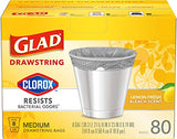 Glad Medium Drawstring Trash Bag with Clorox, 8 Gal, Lemon Fresh Bleach 80 Ct (Package May Vary)