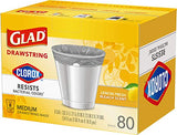 Glad Medium Drawstring Trash Bag with Clorox, 8 Gal, Lemon Fresh Bleach 80 Ct (Package May Vary)