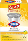 Glad Medium Drawstring Trash Bag with Clorox, 8 Gal, Lemon Fresh Bleach 80 Ct (Package May Vary)