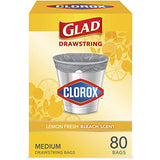 Glad Medium Drawstring Trash Bag with Clorox, 8 Gal, Lemon Fresh Bleach 80 Ct (Package May Vary)