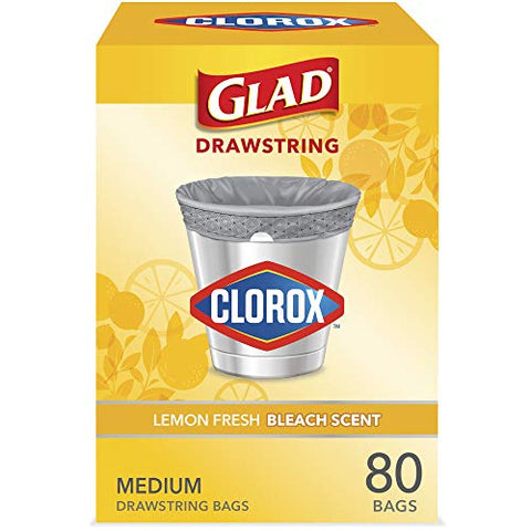 Glad Medium Drawstring Trash Bag with Clorox, 8 Gal, Lemon Fresh Bleach 80 Ct (Package May Vary)