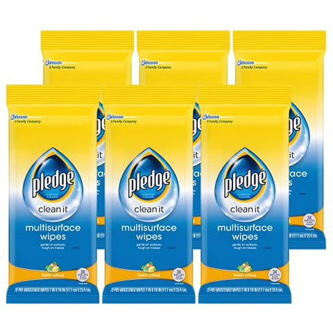 Pledge Multi-Surface Furniture Polish Wipes, Works on Wood, Granite, and Leather, Cleans and Protects, Fresh Citrus - Pack of 6 (150 Total Wipes)