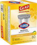 Glad Medium Drawstring Trash Bag with Clorox, 8 Gal, Lemon Fresh Bleach 80 Ct (Package May Vary)