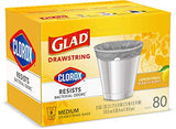 Glad Medium Drawstring Trash Bag with Clorox, 8 Gal, Lemon Fresh Bleach 80 Ct (Package May Vary)