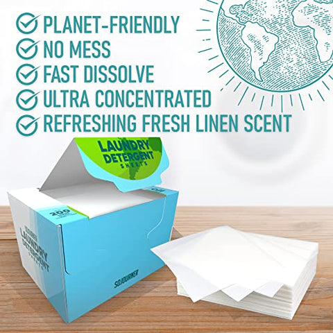 Eco Friendly Laundry Detergent Sheets (100 sheets 200 loads) - Plant based Free and Clear Strips for HE machine, travel, home clothes washing (Fresh Linen)