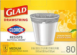 Glad Medium Drawstring Trash Bag with Clorox, 8 Gal, Lemon Fresh Bleach 80 Ct (Package May Vary)