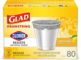 Glad Medium Drawstring Trash Bag with Clorox, 8 Gal, Lemon Fresh Bleach 80 Ct (Package May Vary)