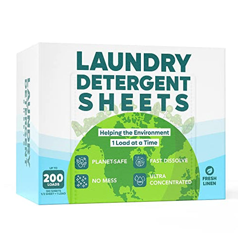 Eco Friendly Laundry Detergent Sheets (100 sheets 200 loads) - Plant based Free and Clear Strips for HE machine, travel, home clothes washing (Fresh Linen)