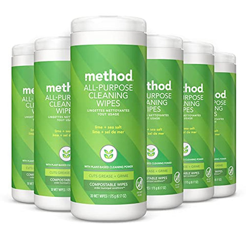 Method All-Purpose Cleaning Wipes, Lime+ Sea Salt, Multi-Surface, Compostable, 30 Count (Pack of 6)